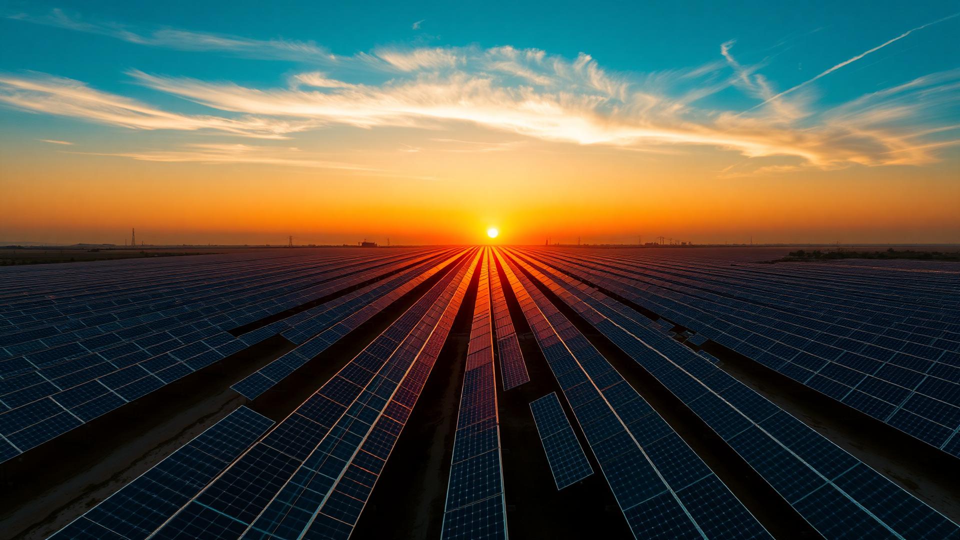 Utility-scale solar farm at sunrise